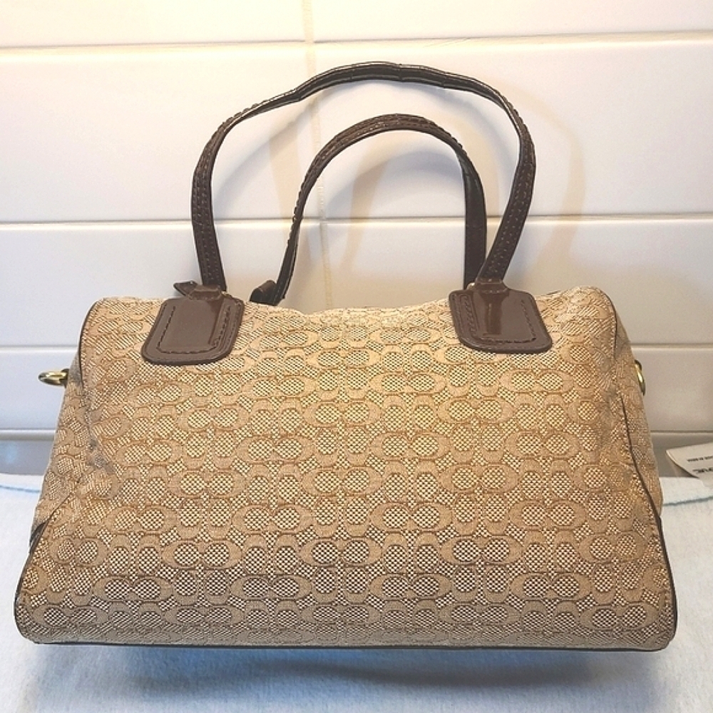 Coach Mini C Oxford Signature East West Satchel Khaki Canvas Mahogany Leather - Picture 3 of 15